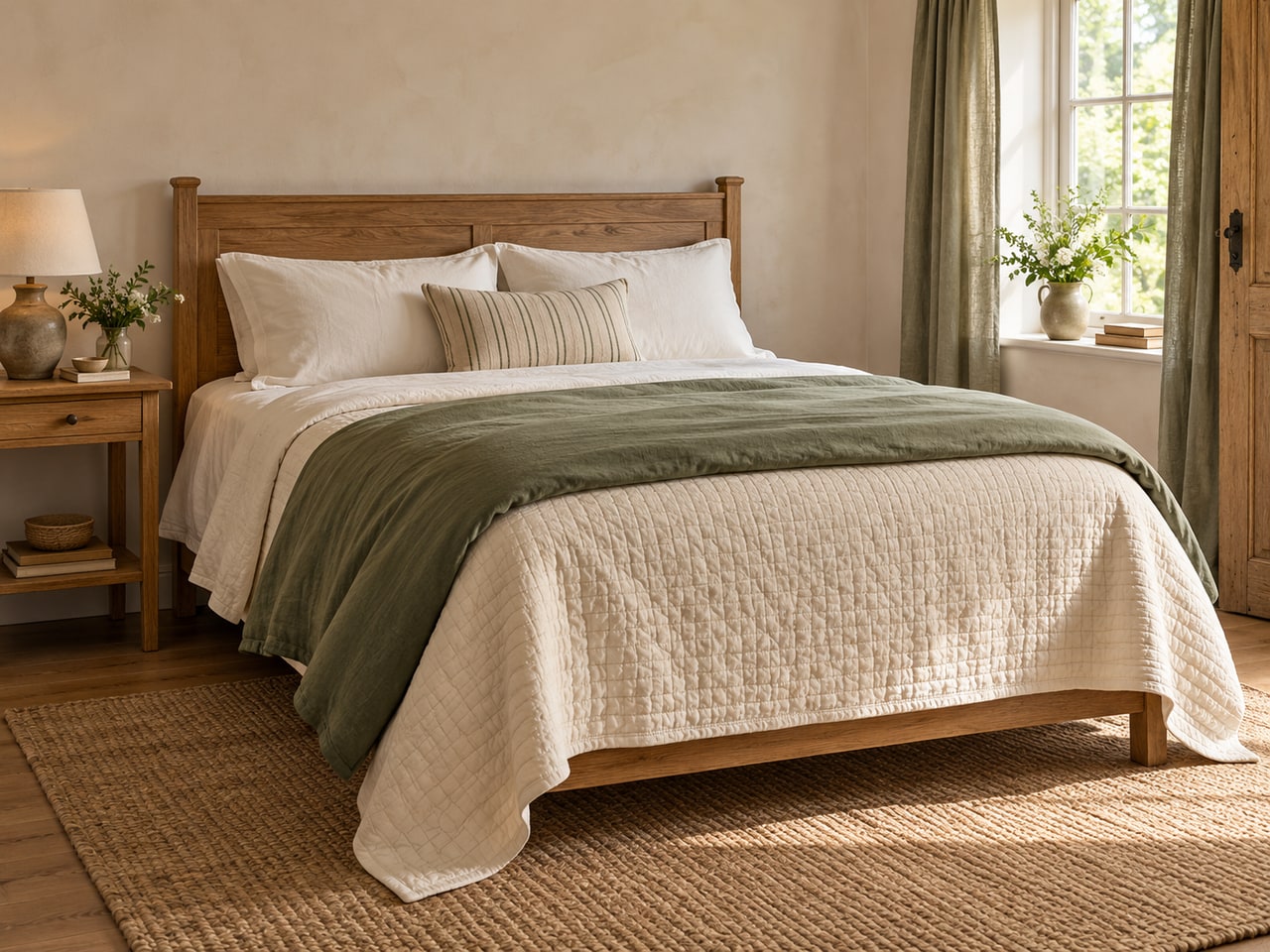 AI-generated country bed with an oak headboard, ivory quilt and folded sage-green bedding