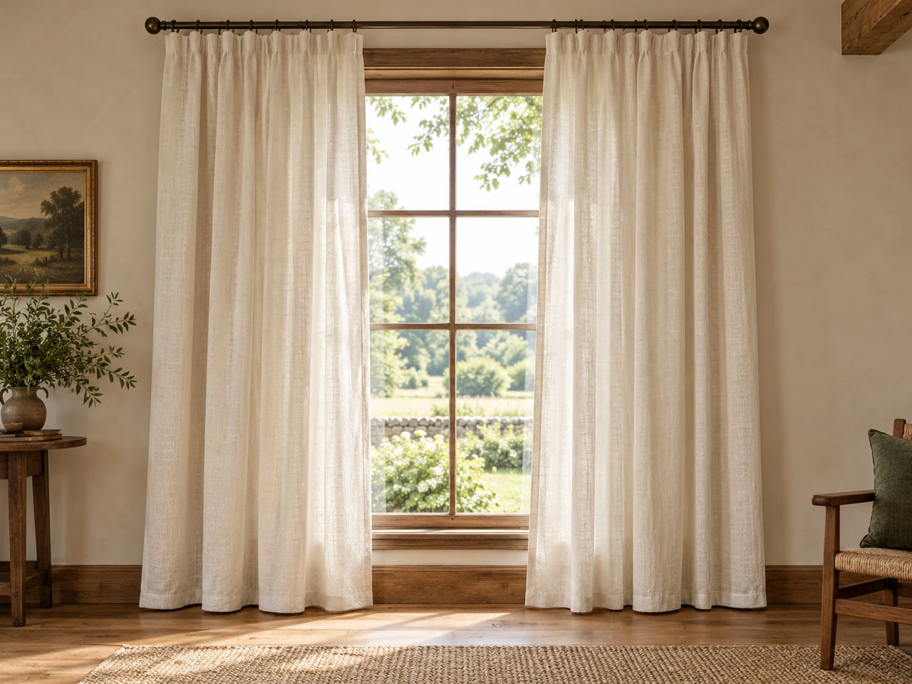 AI-generated room concept showing full-length ivory curtains framing a wood-trimmed window