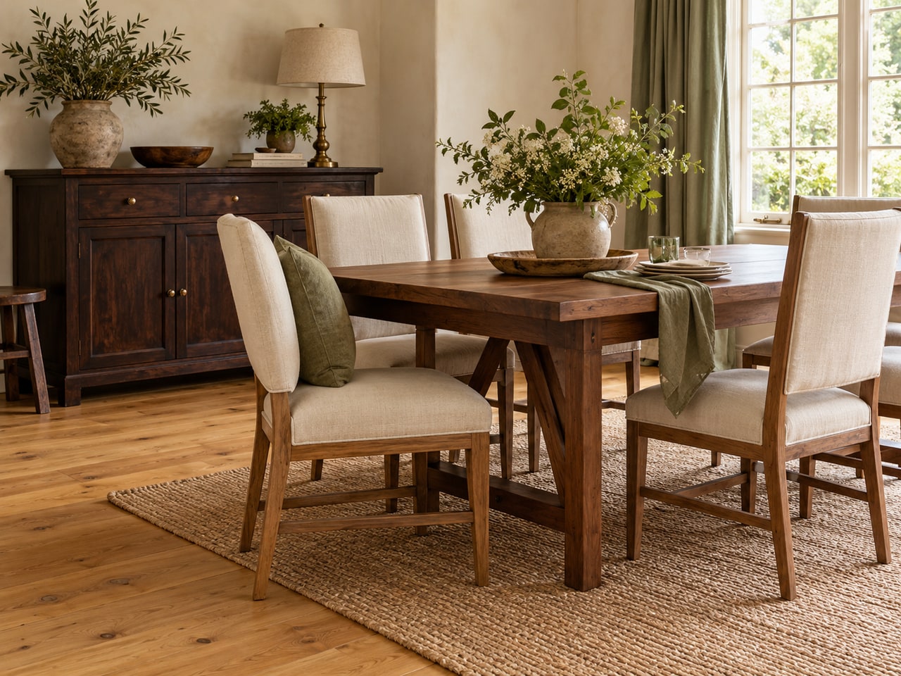 AI-generated dining corner combining a honey-colored floor, medium-brown wood table and darker cabinet