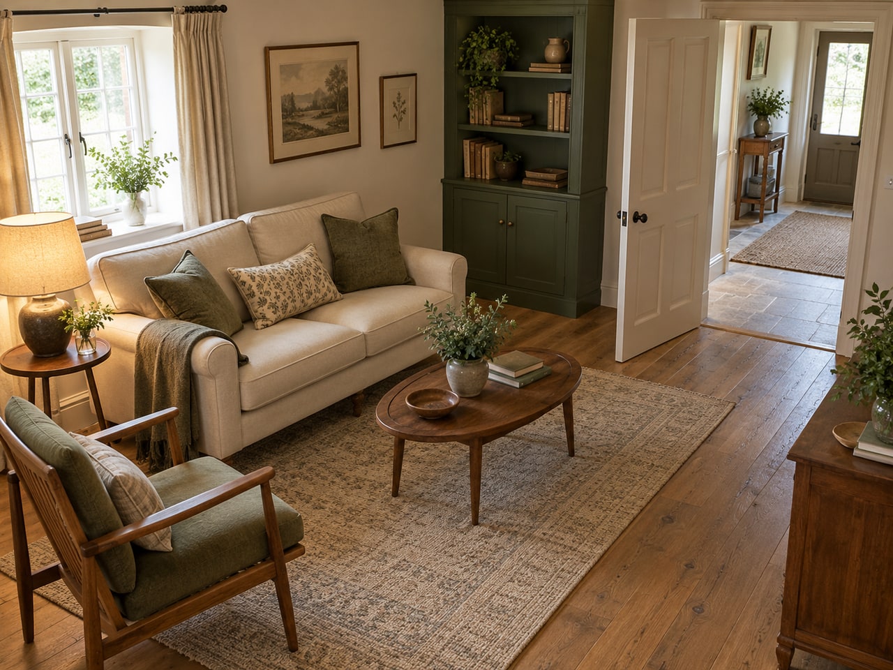 AI-generated compact living-room layout with a sofa, armchair and clear route through an open doorway